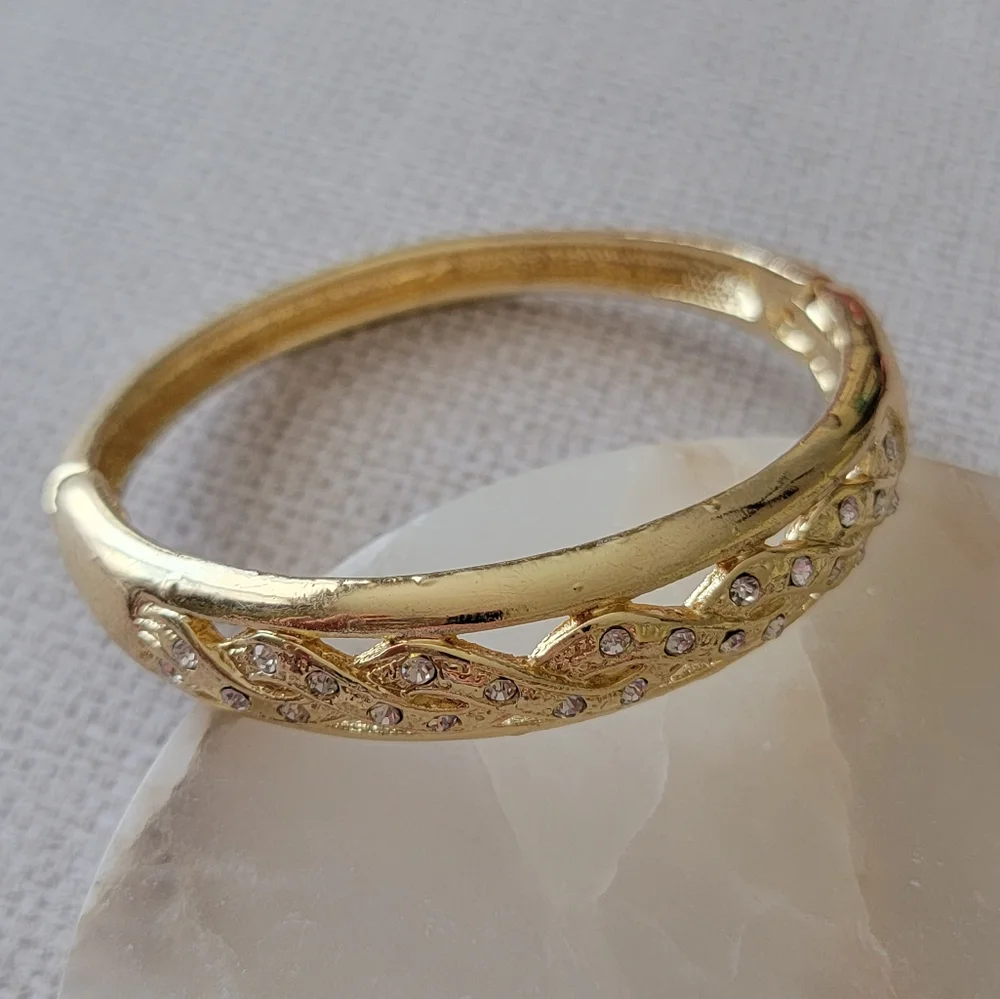 Gold Rhinestone Twisted Hinged Bracelet